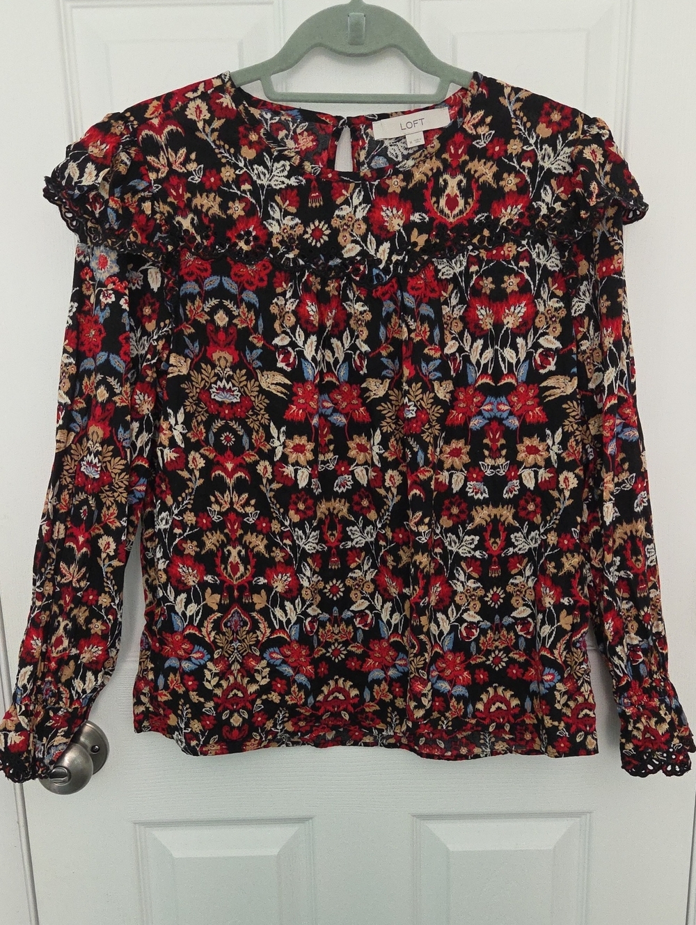 LOFT Floral Ruffle Yoke Blouse Romantic Dark Academia Boho Victorian Long Sleeve